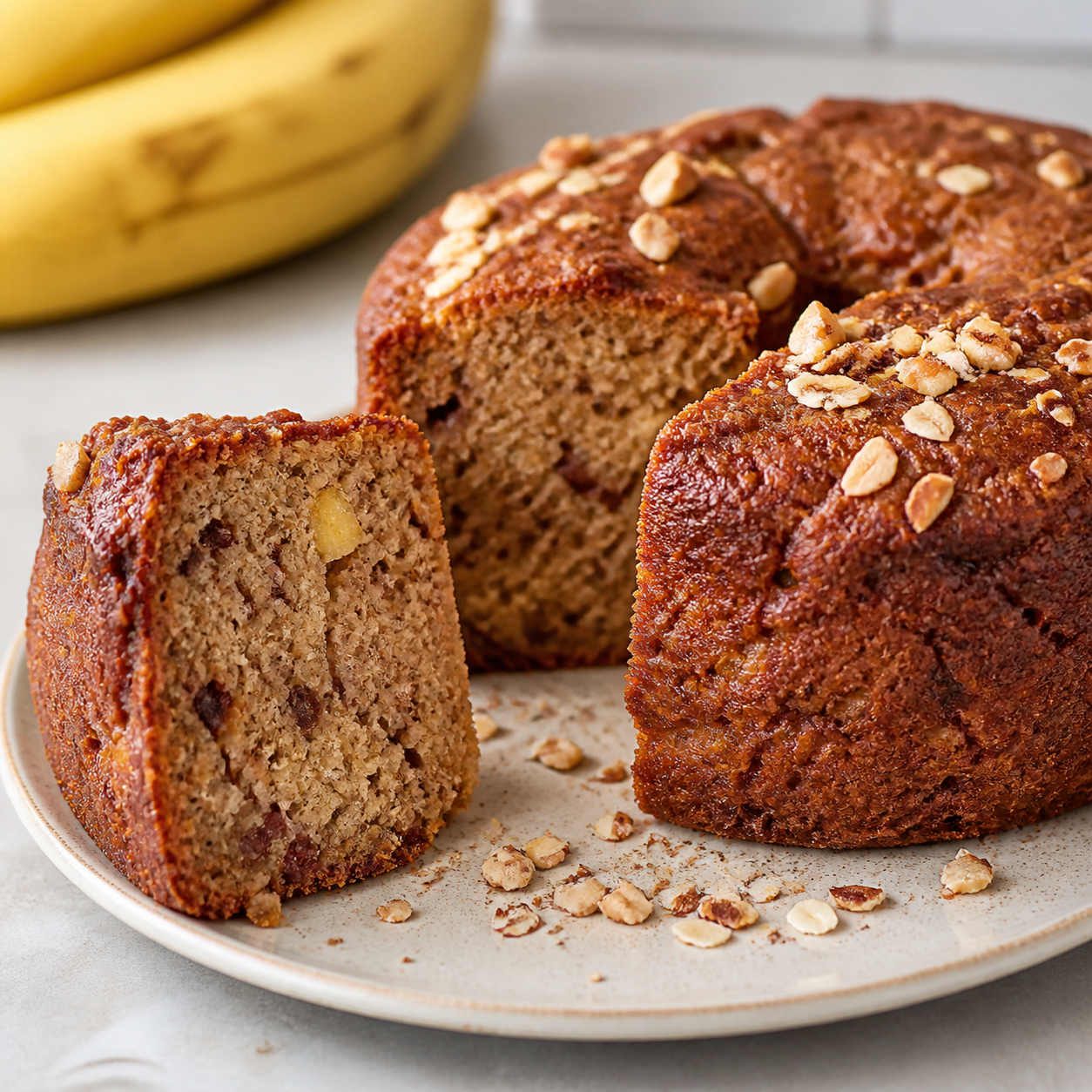 Detalhe da textura de bolo de banana madura com aveia, canela e castanhas sem açúcar refinado