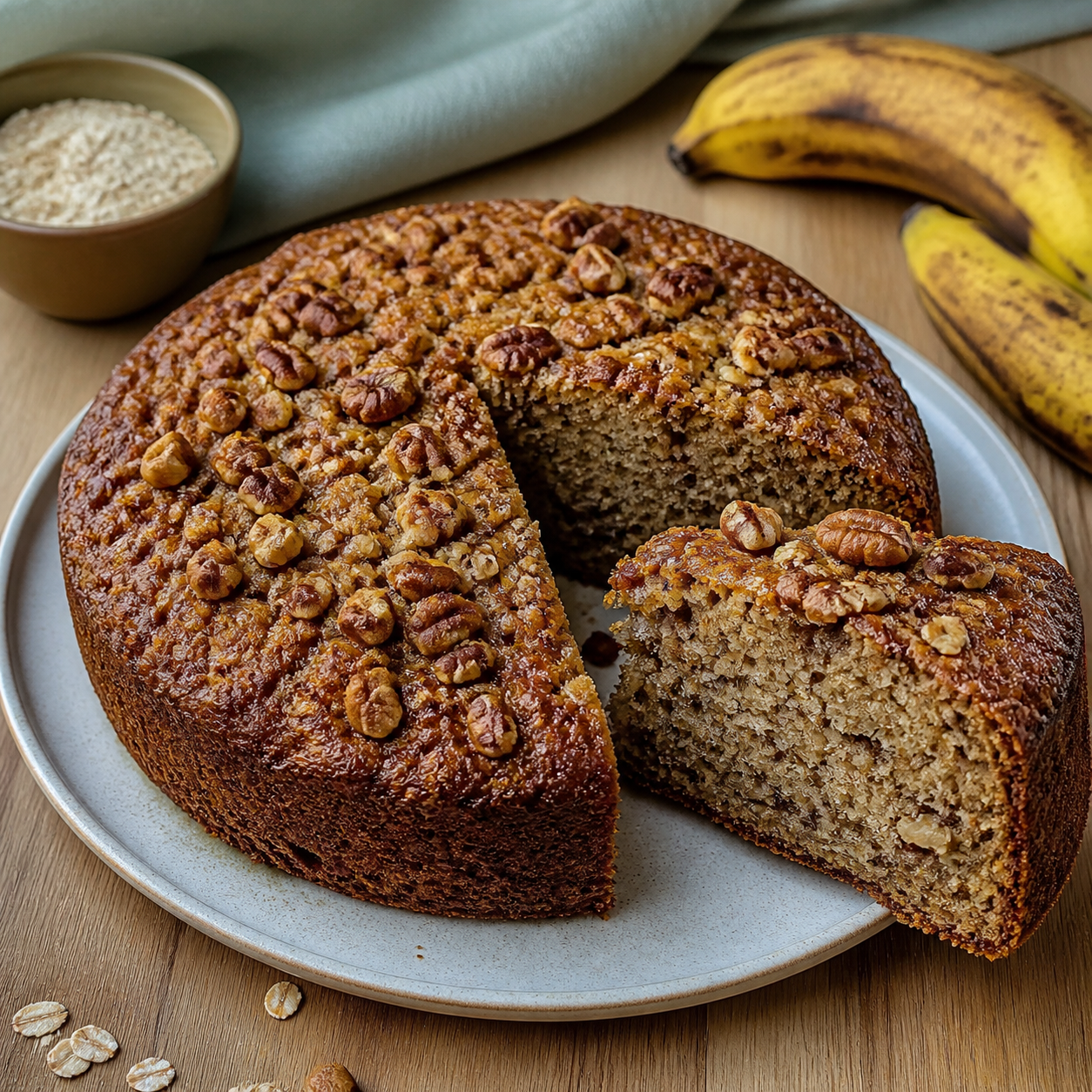 bolo de banana madura com aveia, canela e castanhas sem açúcar refinado pronto para servir