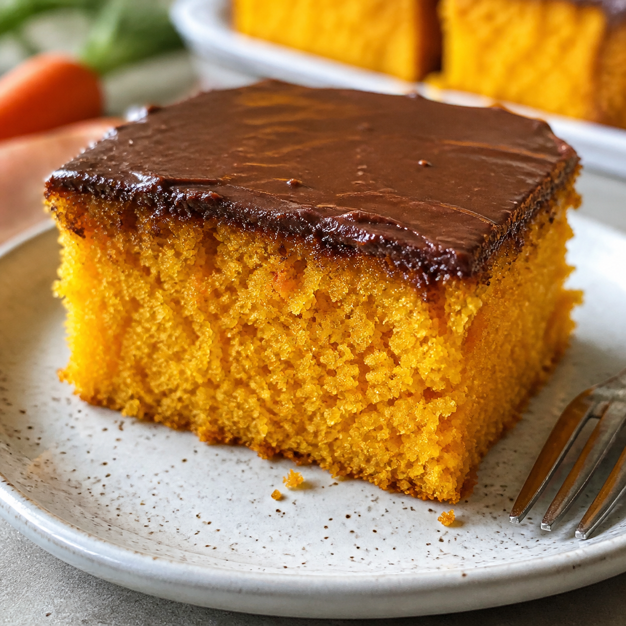 Detalhe da textura de bolo de cenoura úmido e fofinho com cobertura fina de chocolate crocante
