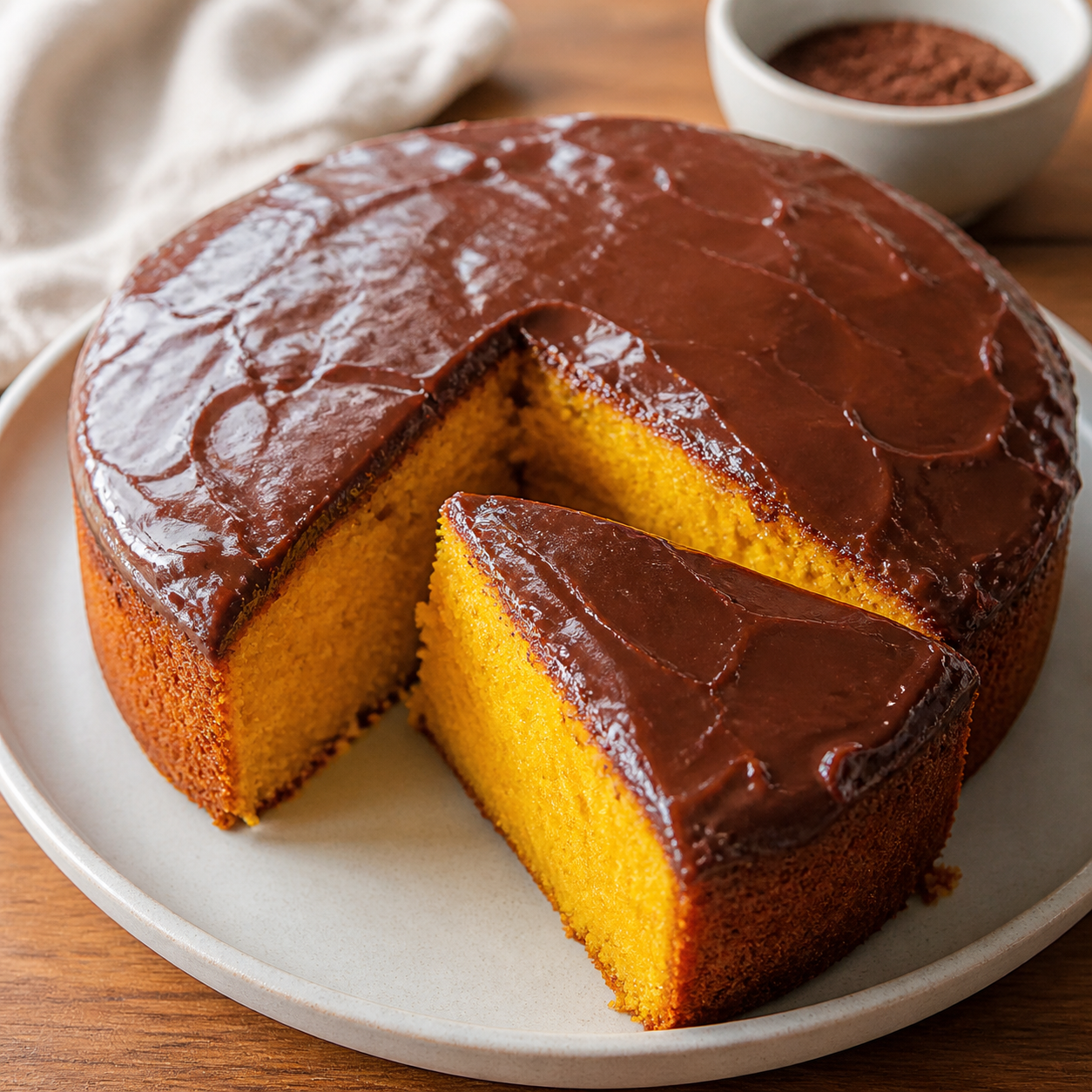 bolo de cenoura úmido e fofinho com cobertura fina de chocolate crocante pronto para servir