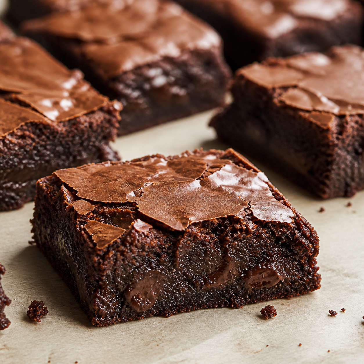 Detalhe da textura de brownie intenso de cacau com centro úmido e casquinha brilhante