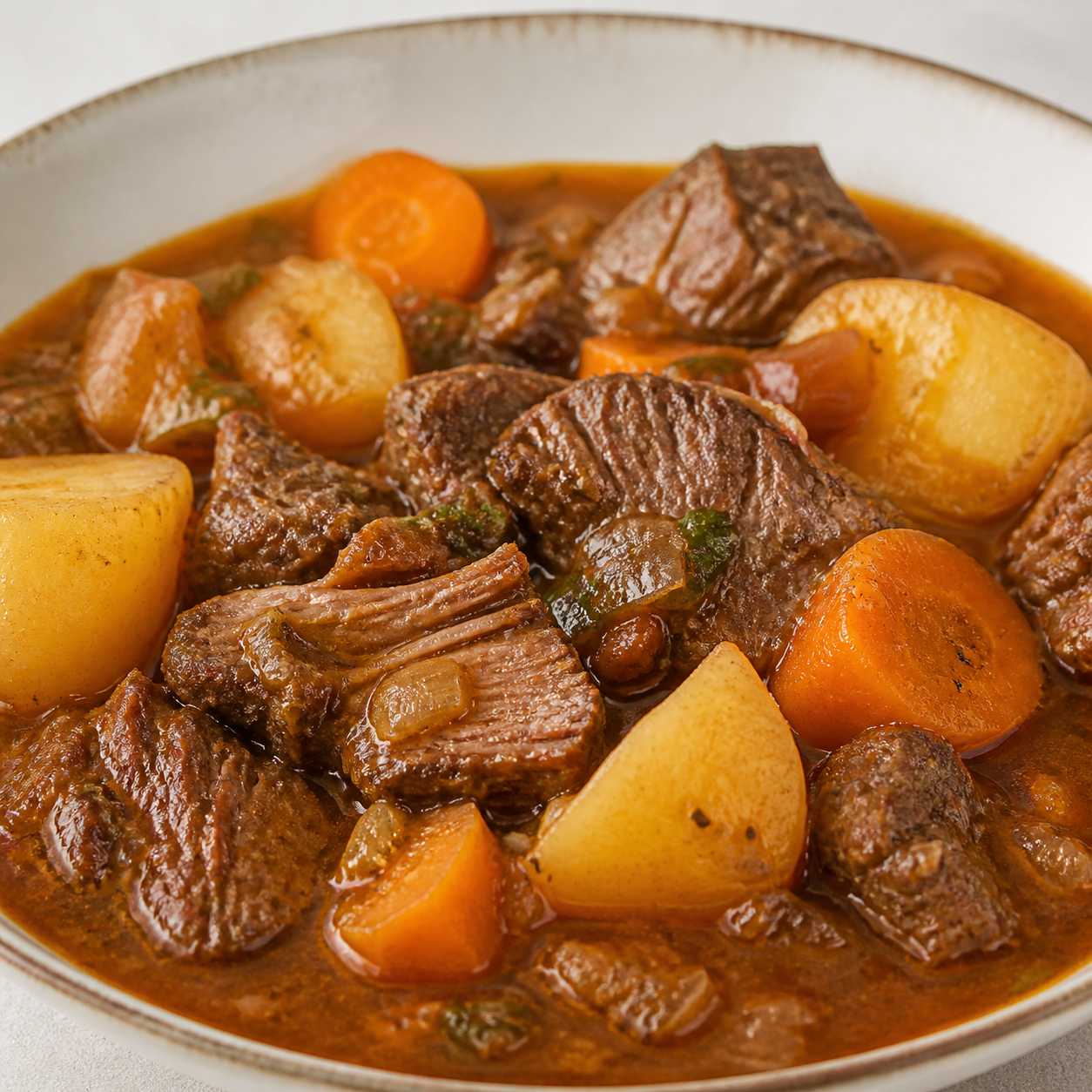 Detalhe da textura de carne bovina de panela com molho encorpado, batata e cenoura