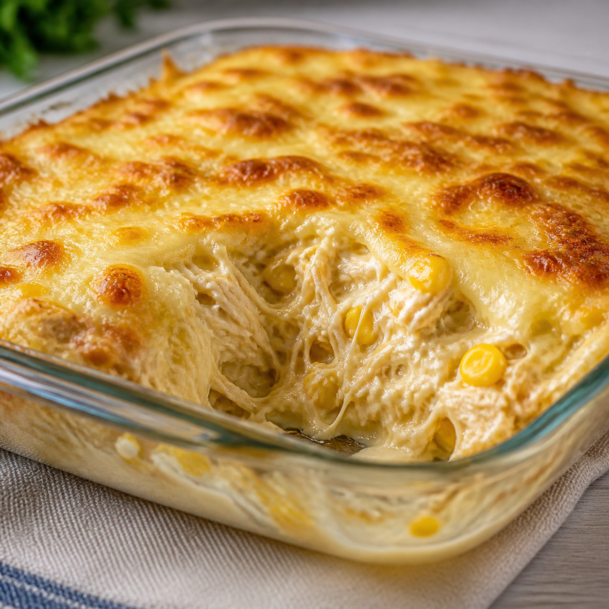 Detalhe da textura de fricassê de frango cremoso com milho, requeijão e muçarela gratinada