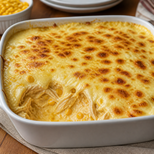 fricassê de frango cremoso com milho, requeijão e muçarela gratinada pronto para servir
