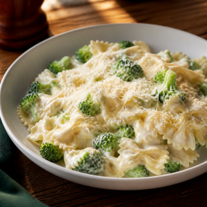 macarrão com molho branco liso, brócolis e queijo parmesão pronto para servir