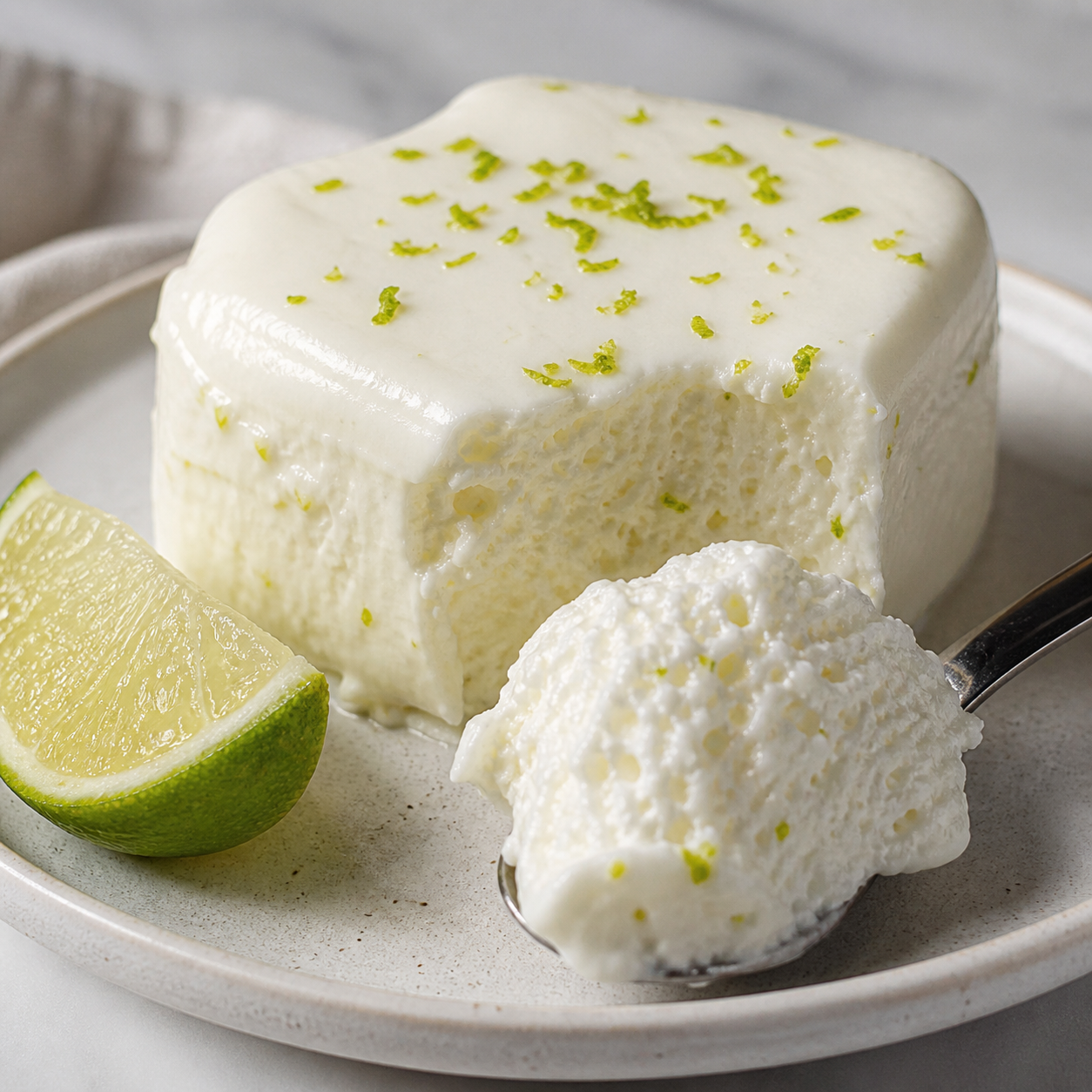 Detalhe da textura de mousse de limão com iogurte natural, firme e aerada sem gelatina