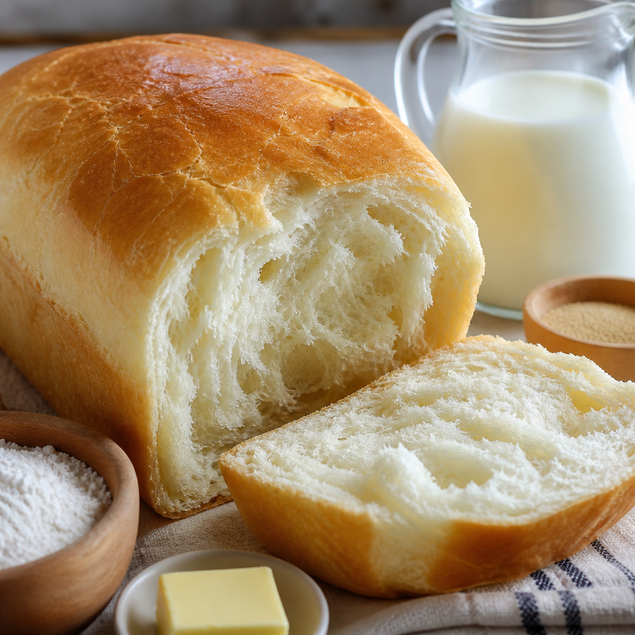 Detalhe da textura de pão caseiro de leite com miolo macio, casca fina e modelagem simples