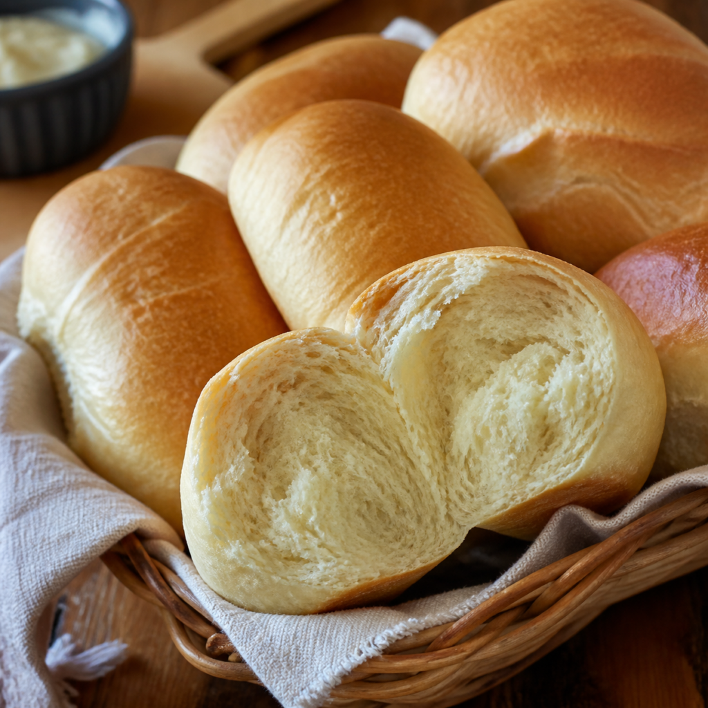 pão caseiro de leite com miolo macio, casca fina e modelagem simples pronto para servir