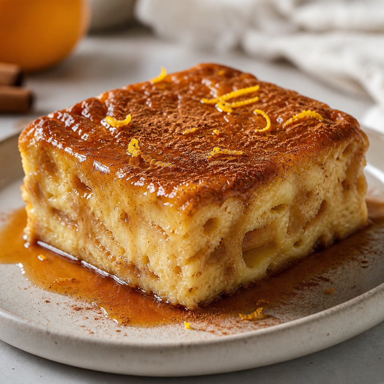Detalhe da textura de pudim de pão amanhecido com caramelo, canela e toque de laranja