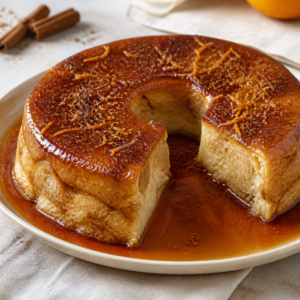 pudim de pão amanhecido com caramelo, canela e toque de laranja pronto para servir