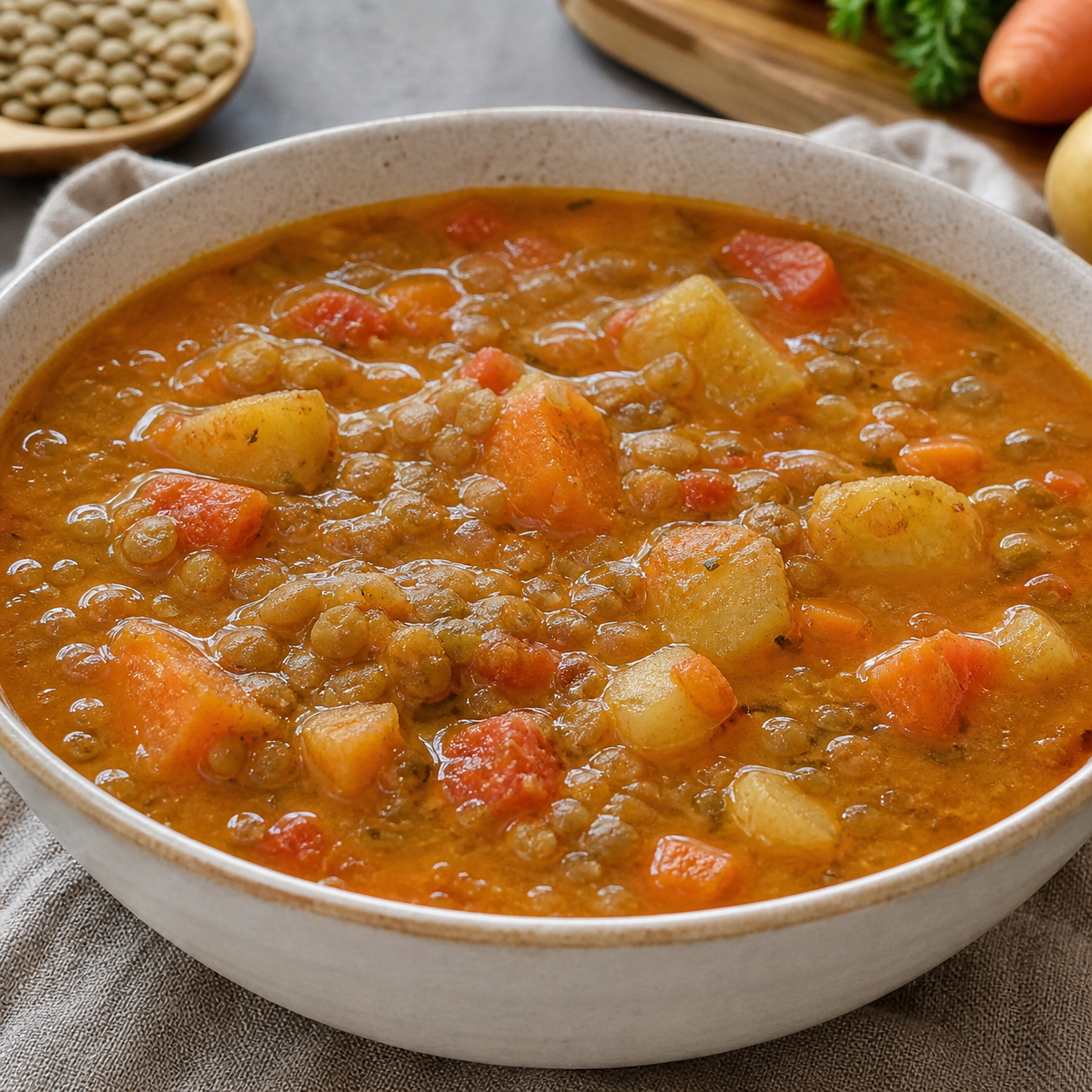 Detalhe da textura de sopa de lentilha encorpada com cenoura, tomate, batata e páprica defumada
