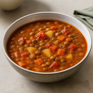 sopa de lentilha encorpada com cenoura, tomate, batata e páprica defumada pronto para servir