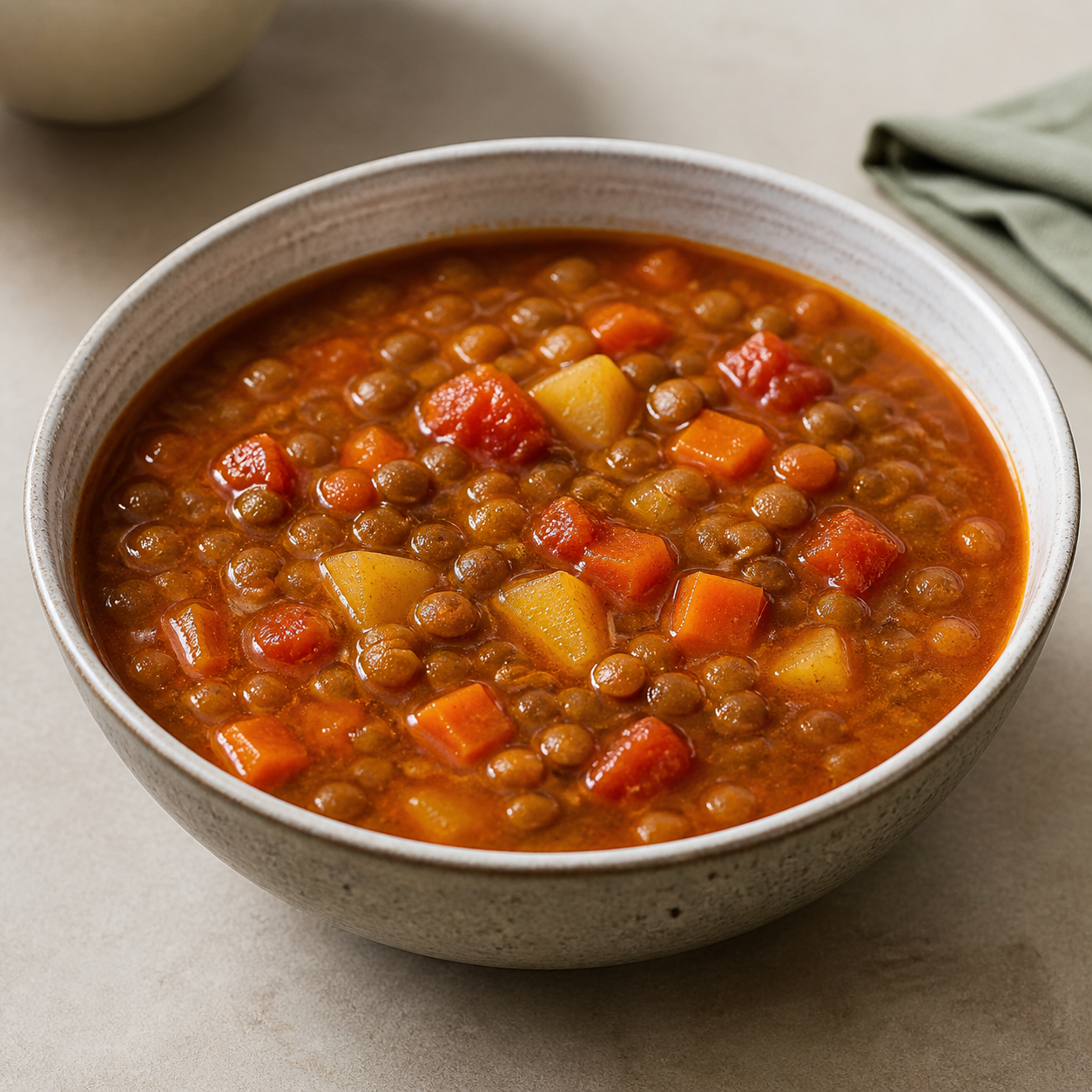 sopa de lentilha encorpada com cenoura, tomate, batata e páprica defumada pronto para servir