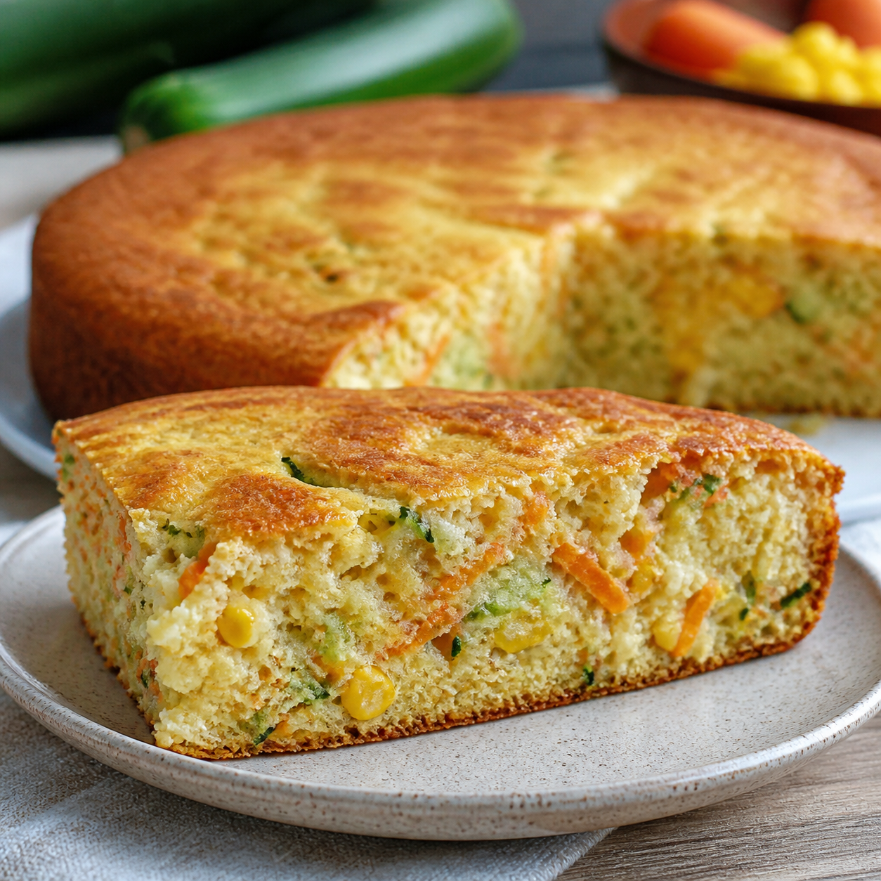 torta salgada de liquidificador com abobrinha, cenoura, milho e massa leve pronto para servir
